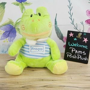 CHINDA Baby Frog Plush 11“ Lovey Green Blue White Stripe Shirt Embroidered Eyes